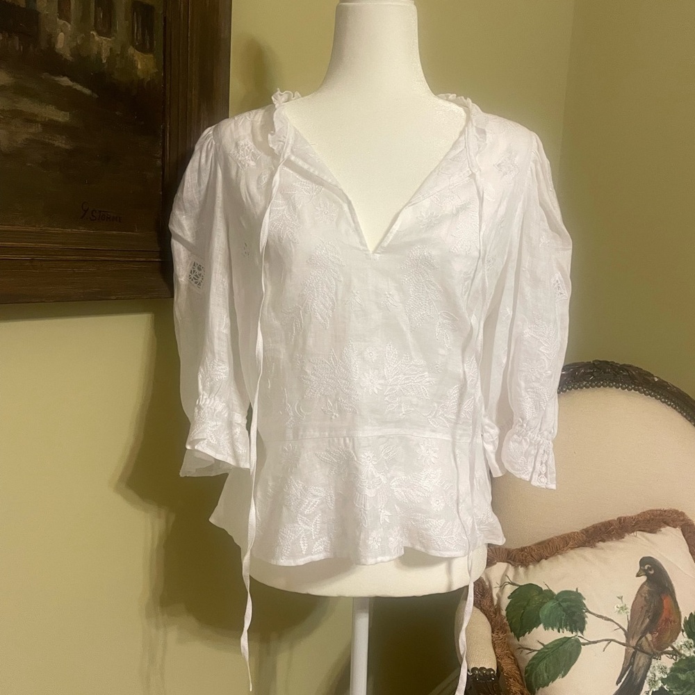 Ralph Lauren White 3/4 Sleeve Tie Front Blouse